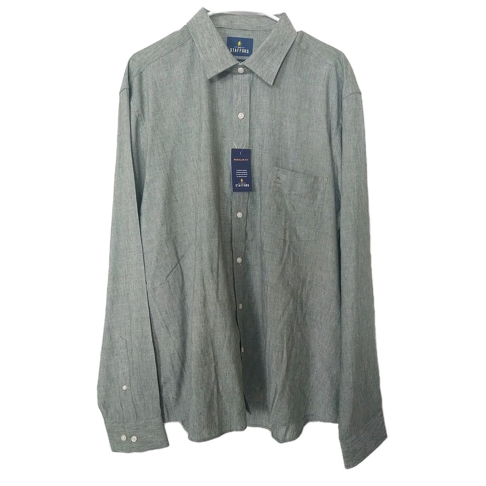 Stafford Regular Fit Linen Blend Men's Long Sleeve Green Button Front Shirt XL